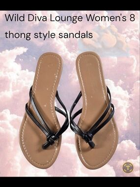 DIVA Lounge Womens 8 Black Strappy Thong Sandals with Tan Footbed